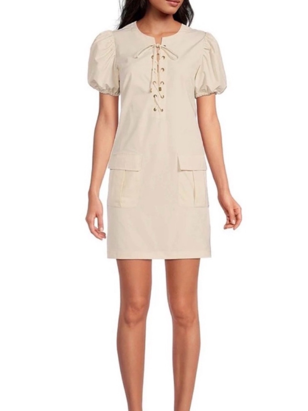 LDT NWT Rae Lace Up Round Neck Short Puff Sleeve Mini Dress Size 14